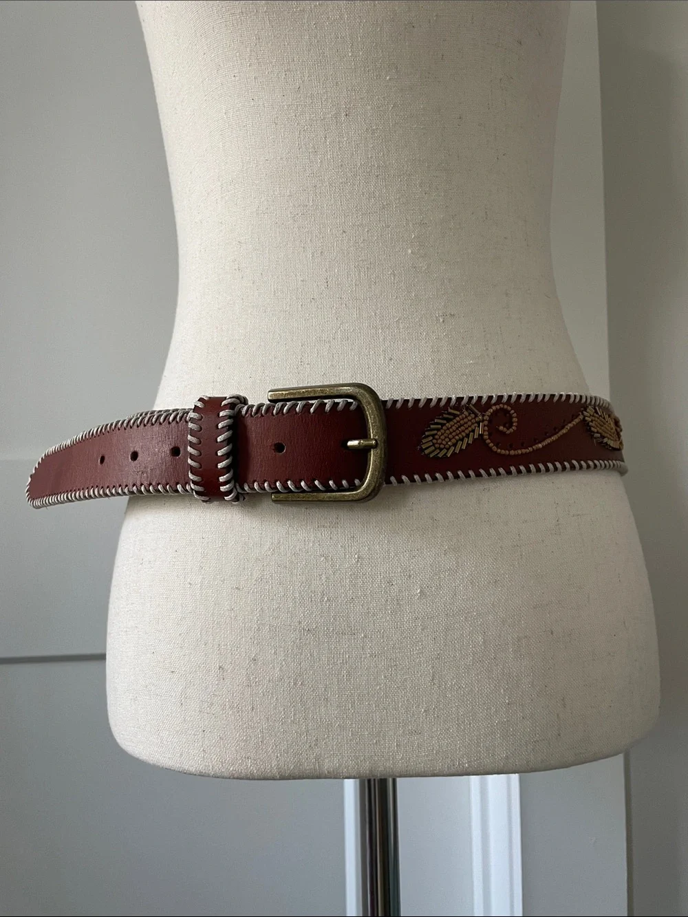 Lucky Brand Brown Leather Belt with Embroidered Leaf Detail